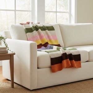 Crocheted Afghan Throw‎ 59" x 43" Handmade Striped Blanket Boho Vintage